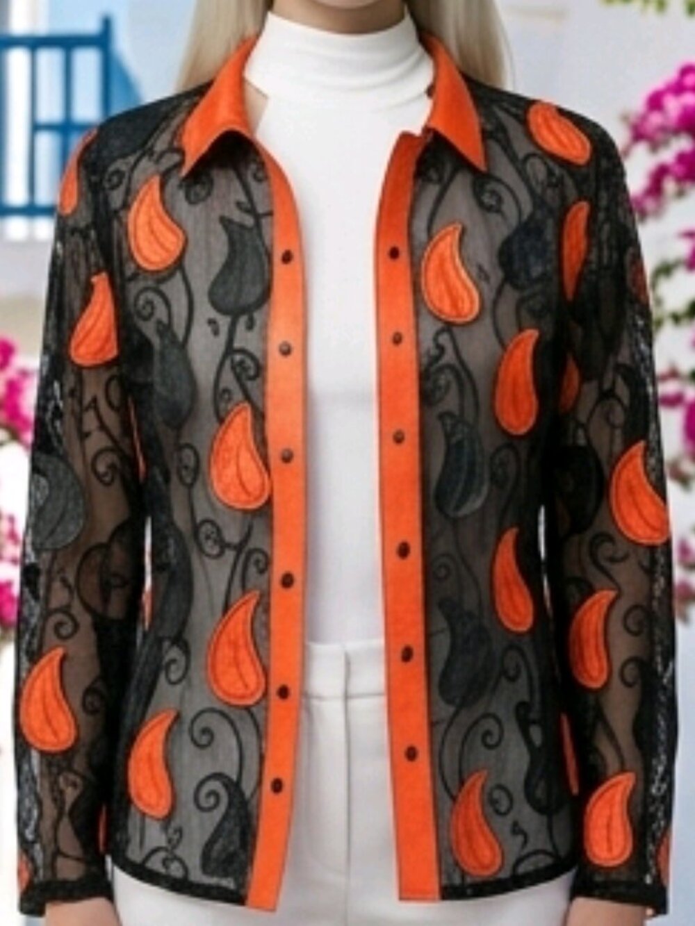 Sheer Jacket Women Blouse Top Shirt Outfit Handmade Light Leather Leaf Pattern